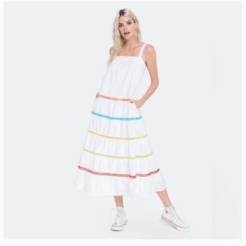 English Factory White Tiered Rainbow Ladder Lace Trim Midi Dress Size Large
